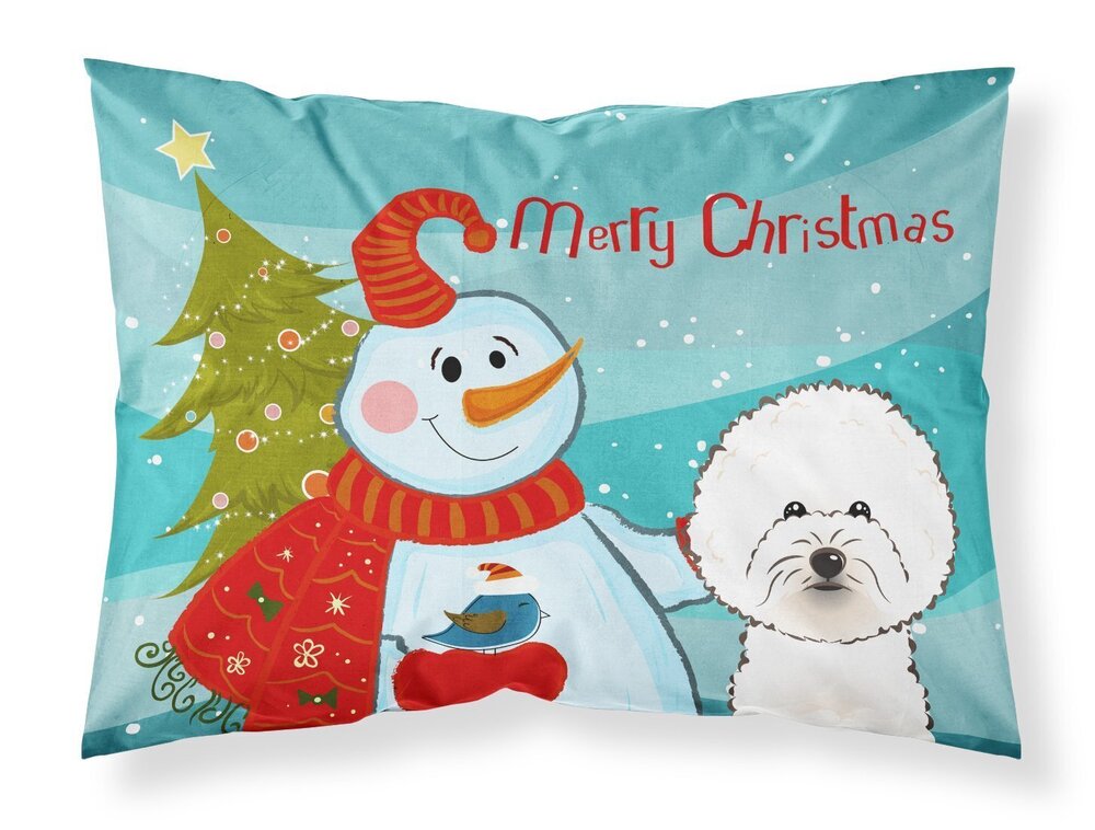 9002 BB1837PILLOWCASE Snowman with Bichon Frise Fabric Standard Pillowcase